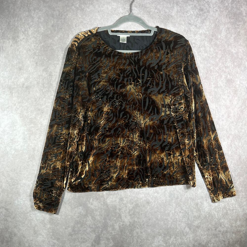 Laura Ashley Top Womens Medium Brown Black Animal Print Burnout Velvet Witchy